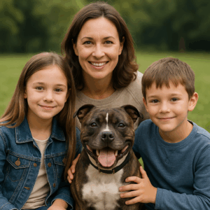 Staffordshire Bullterrier mit seiner neuen Famliie