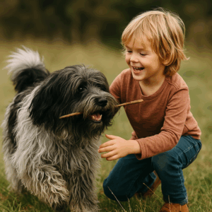 schapendoes spielt mit einem Jungen