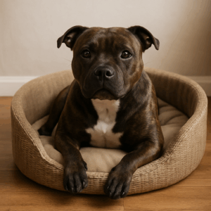 staffordshire Bullterrier im Korb zum ausruhen