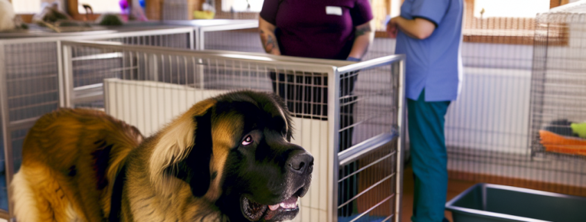 Leonberger Hund wird betreut im Käfig