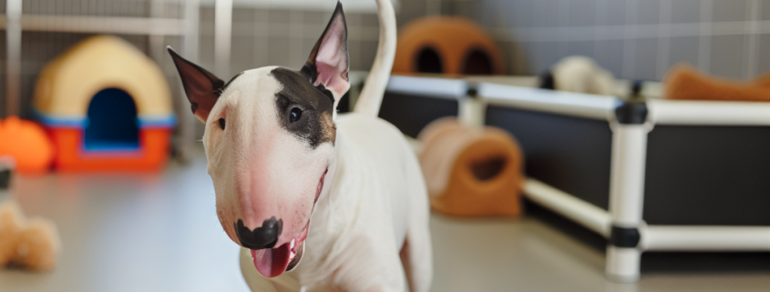 Miniature Bullterrier in weiß steckt die Zunge raus